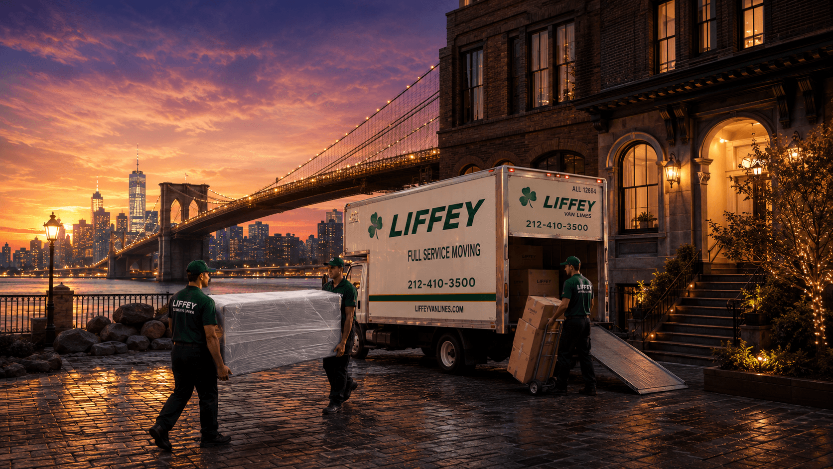 Liffey Van Lines crew moving in New York City near the Brooklyn Bridge